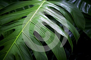 Close up of tropical plant leaf with fenestration photo