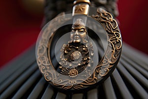 close-up of a tsuba hand guard on a samurai sword