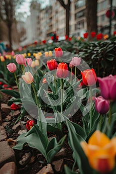 close up tulip flower bed in urban city garden