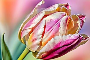 Close-up of a Tulip: Petals Unfurling, Abstract Background Composed of Swirling Pastel Colors, Water Droplets Glistening