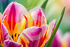 Close-up of a Tulip: Petals Unfurling, Abstract Background Composed of Swirling Pastel Colors, Water Droplets Glistening