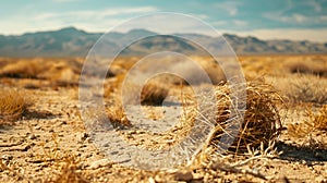 Close-up of a tumbleweed in the desert with mountains in the background