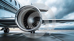 Close-up of turbine engine of a private luxury jet aircraft on the runway. Luxury travel concept. Generative AI