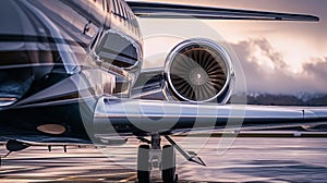 Close-up of turbine engine of a private luxury jet aircraft on the runway. Luxury travel concept. Generative AI