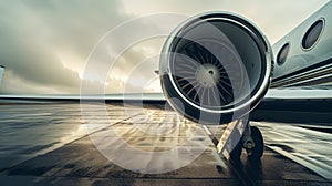 Close-up of turbine engine of a private luxury jet aircraft on the runway. Luxury travel concept. Generative AI