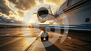 Close-up of turbine engine of a private luxury jet aircraft on the runway. Luxury travel concept. Generative AI