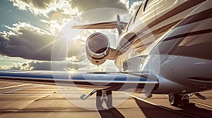 Close-up of turbine engine of a private luxury jet aircraft on the runway. Luxury travel concept. Generative AI