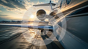 Close-up of turbine engine of a private luxury jet aircraft on the runway. Luxury travel concept. Generative AI