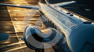 Close-up of turbine engine of a private luxury jet aircraft on the runway. Luxury travel concept. Generative AI