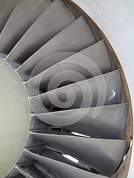 Close up of turbine and fan blades of a fighter jet engine