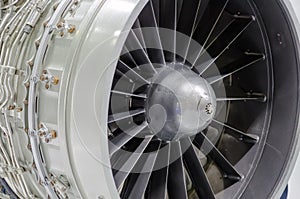 Close up of a turbofan jet engine in modern airplane.