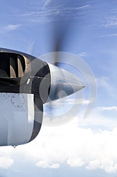 Close up of a turboprop engine in flight