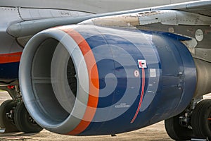 Close-up of the turboprop engine of a passenger jet