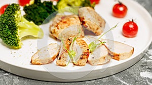 Close-up Turkey breast meat and broccoli on a white plate. Delicious and healthy food. KETO diet concept. Food banner