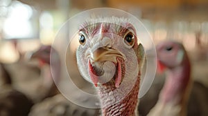 A close up of a turkey with its head looking at the camera, AI
