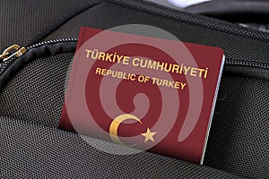 Close up of Turkey Passport in Black Suitcase Pocket