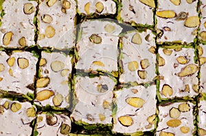 Close-up of Turkish pistachio locum. Confectionery background