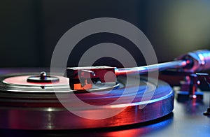 Close up of turntable neede on a vinyl record