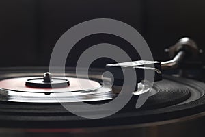 Close up of turntable neede on a vinyl record