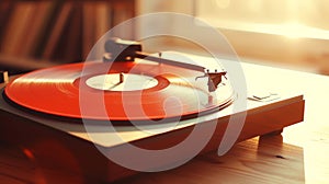 Close-up of turntable retro vinyl record player on wooden table against sunny sunset backdrop. Generative AI
