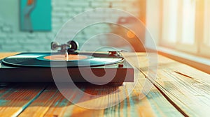 Close-up of turntable retro vinyl record player on wooden table against sunny sunset backdrop. Generative AI