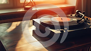 Close-up of turntable retro vinyl record player on wooden table against sunny sunset backdrop. Generative AI