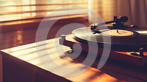 Close-up of turntable retro vinyl record player on wooden table against sunny sunset backdrop. Generative AI