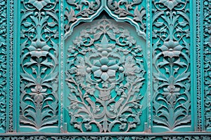 a close-up of a turquoise door with intricate carvings