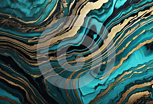 Close up of turquoise and gold marble texture. Fluid Art turquoise marble with gold and black stains background