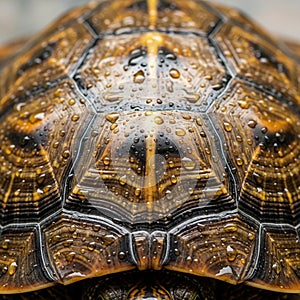 Close-up of a turtle's shell, showcasing detailed texture and pattern. The shell is wet,