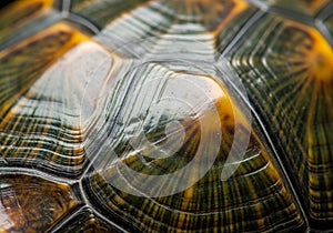 Close-up of a turtle's shell shows intricate textures and patterns.