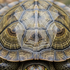 Close up of a turtle shell displaying intricate geometric patterns