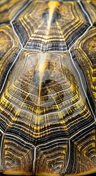 Close-up of a turtle shell displaying intricate patterns. The shell features concentric