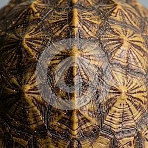 Close-up of a turtle shell, displaying intricate patterns and textures. The shell features