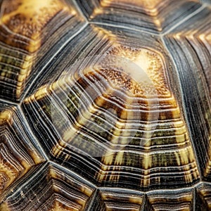 Close-up of a turtle shell, highlighting the intricate pattern and texture. The shell