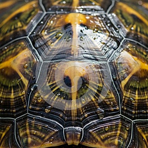 Close-up of a turtle shell showcasing intricate patterns and textures. The shell features