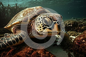 Close up of a turtle underwater. Generative AI