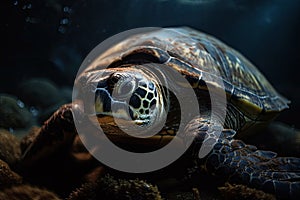 Close up of a turtle underwater. Generative AI