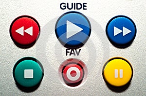 Close up TV remote colorful buttons.