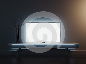 Close up of TV set standing on TV stand, 3d rendering.