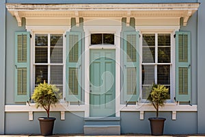 close-up of twin windows on a greek revival facade