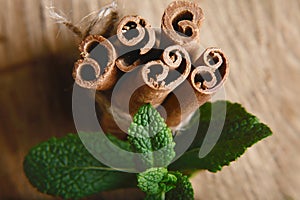 Close-up twisted sticks of cinnamon bundle, green leaves of fresh mint, selective focus, marco