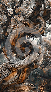 Close-up of a twisted tree showcasing intricate bark details in sepia tones with a realistic touch