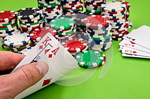 Close up of two aces combination on chips background