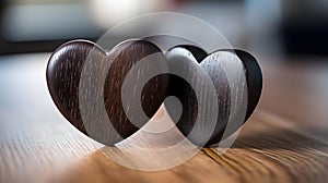 Close up of two anthracite Hearts on a wooden Table. Blurred Background