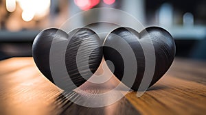 Close up of two anthracite Hearts on a wooden Table. Blurred Background