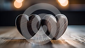 Close up of two anthracite Hearts on a wooden Table. Blurred Background