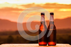 Close up of two beer bottles. mountain background