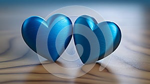 Close up of two blue Hearts on a wooden Table. Blurred Background