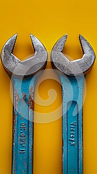 Close up of Two Blue Wrenches on Vibrant Yellow Background, Industrial Repair Tools Concept